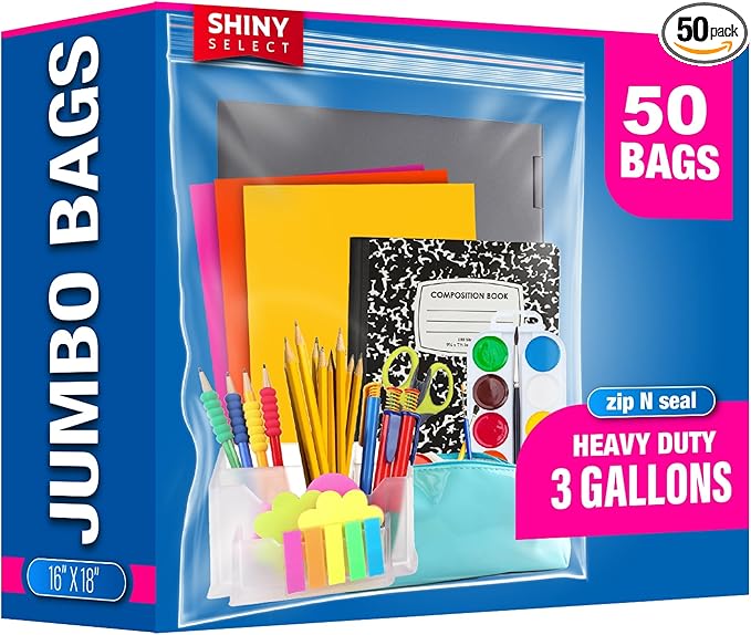 3 Gallon Large Storage Bag, 16”x18”, 50 Count – Big Clear Plastic Resealable Zip & Lock Bag, 2 Mil Heavy Duty for Fruits, Vegetables, Meat Marinate, Office Supplies, Toys, Books, Gears
