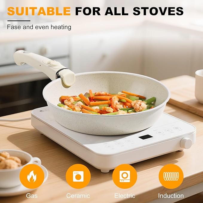 Pots and Pans Set Non Stick, Ceramic Cookware Set Nonstick Frying Pans 5 Pcs-Non Toxic PFAS/PFOA/PTFE Free, with Detachable Handle for RV Kitchen, Induction & Dishwasher Safe Cream White