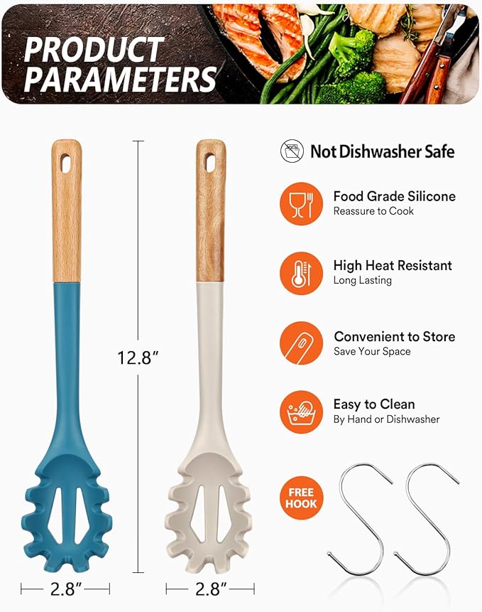 Silicone Pasta Fork, Kitchen Heat Resistant Noodle Spoon Server, BPA Free Spaghetti Strainer,12.8 inch (Khaki & Blue)