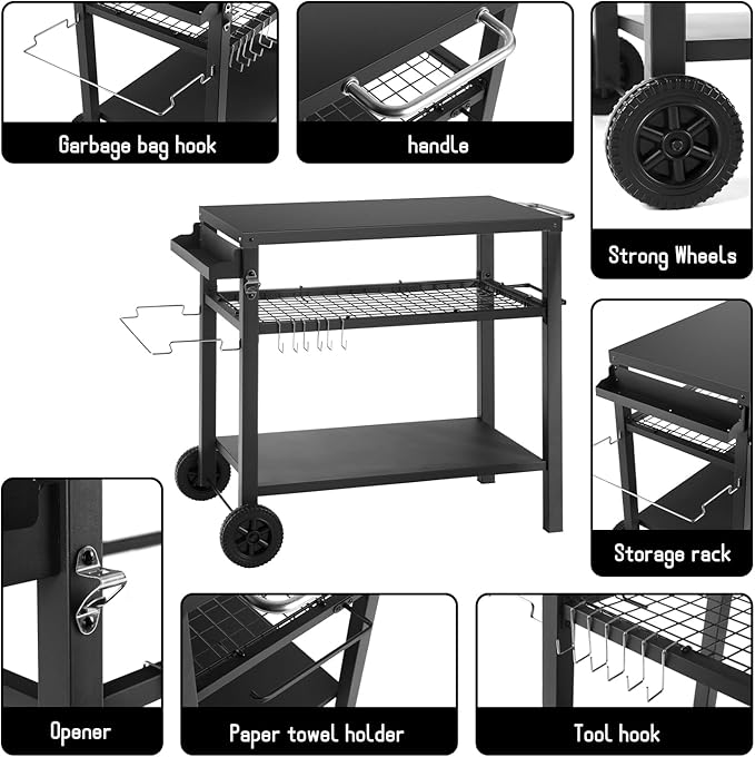 Grill Cart Table with Three Shelf, Movable Outdoor Dining Cart Pizza Oven Stand with Three Hooks, Kitchen Cart Island Multifunction Food Prep Table (Black)