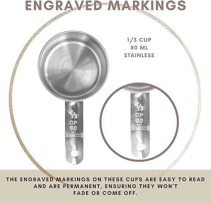 1/3 Cup Stainless Steel Measuring Cup | Sturdy Metal 80 ml | 80 cc | 3 oz | Single Cup for Wet and Dry Ingredients | Great for use as 1/3 Cup Dog Food Scoop - 1 PK