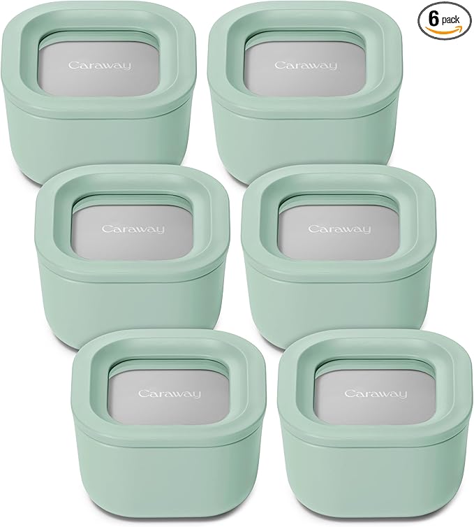 Caraway 6pc Food Storage Container Set - 1.75 Cup Glass Storage Container for Food (6) - Non-Toxic Ceramic-Coated Glass - Air Release Technology - Compact & Stackable Design - Mist