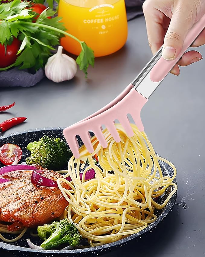 Spaghetti Spoon and Pasta Tong, Non-stick Silicone Spoon Server Fork With Teeth and Stainless Steel Handle, Food Clip for Noodles, Pink