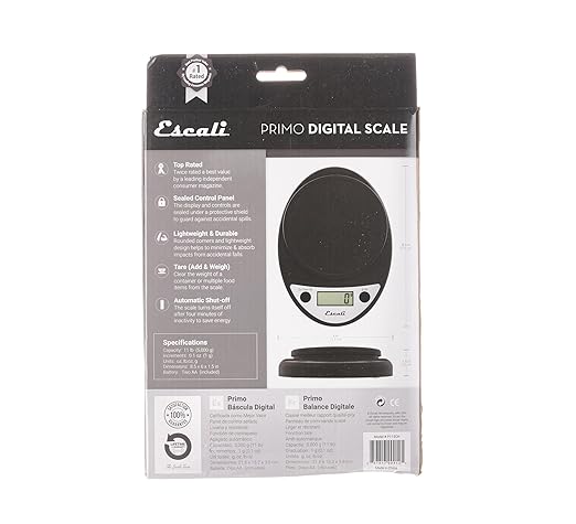 Escali Primo Digital Food Scale Multi-Functional Kitchen Scale and Baking Scale for Precise Weight Measuring and Portion Control, 8.5 x 6 x 1.5 inches, Black