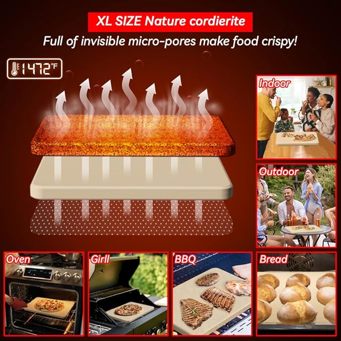 5 PCS Rectangle Pizza Stone Set, 16"Large Pizza Stone for Oven and Grill with Pizza Peel(OAK), Stone Brush,Pizza Cutter & 10pcs Cooking Paper for Free, Baking Stone for Pizza, Bread,BBQ