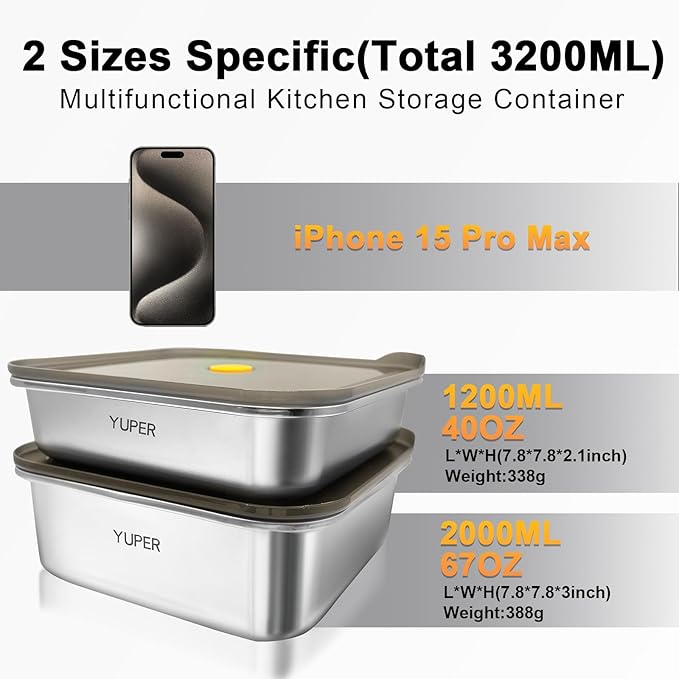 YUPER Stainless Steel Food Containers, Meal Prep Container, Sandwich Containers, Stainless Steel Containers with Lids Fruit Lunch Snacks Storage, 2 Pack (40+67OZ)