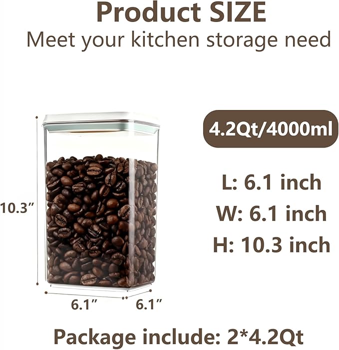Pop Food Storage Containers Set Large Airtight Food Storage Containers with Pop Lids, Kitchen Pantry Organization and Storage, Cereal, Rice, Flour, Pasta & Snack Container, BPA Free, 2 x 4.2Qt