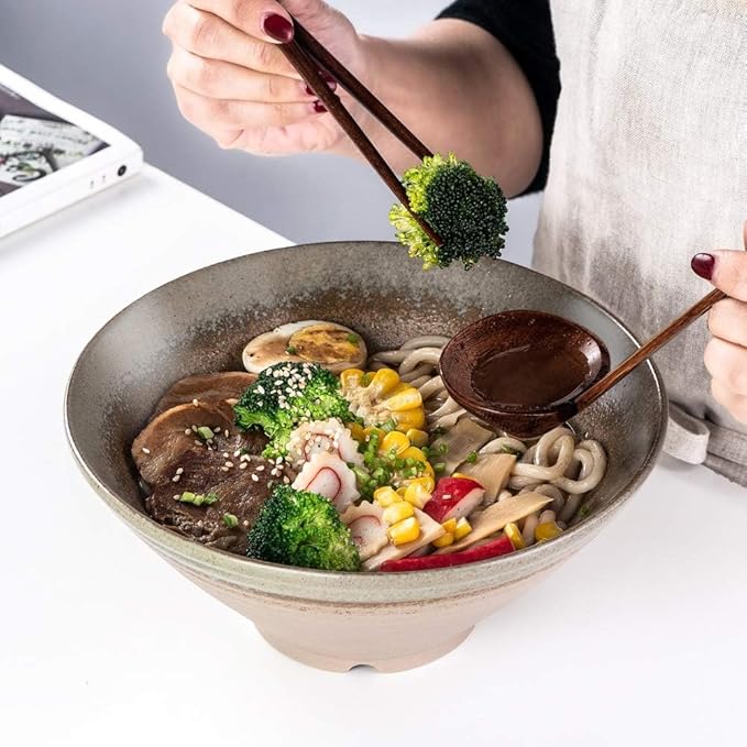 NJCHARMS Ceramic Ramen Bowls set, Noodles Soup Bowls, 2 Sets (6 Piece) 60 Ounce, Large Japanese Ceramic Ramen Bowl with Spoons and Chopsticks for Salad, Udon Pho Asian Noodles, Imitation pottery