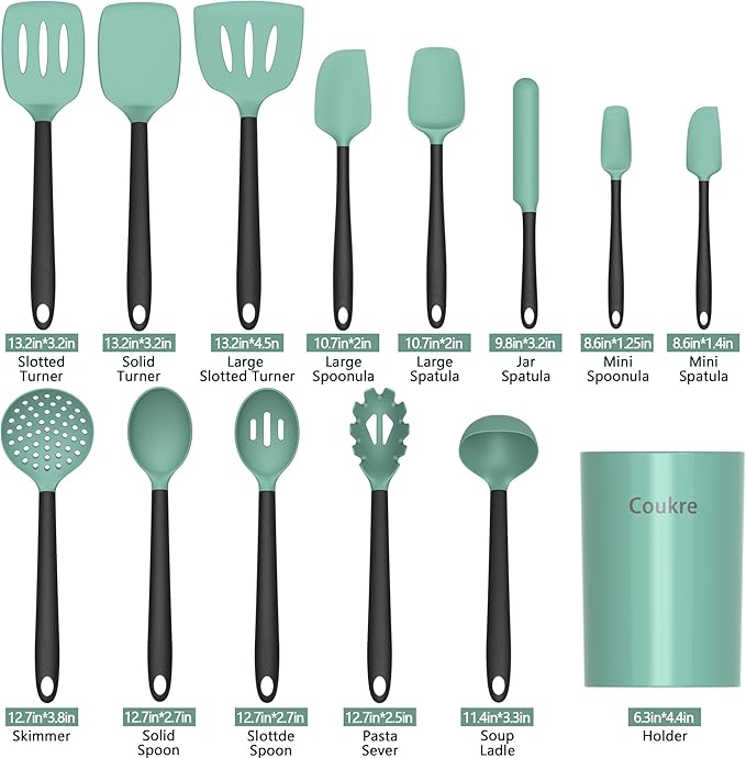 Coukre Silicone Kitchen Cooking Utensils Set with Holder – Heat-Resistant, Food-Grade Kitchen Tools, Spatula, Spoon & Gadgets for Non-Stick Pans, Dishwasher Safe (14, AquaGreen)