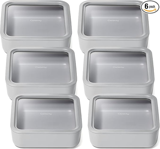 Caraway 6pc Glass Food Storage Set – 10 Cup Food Containers (6) - Ceramic Coated - Non Toxic, Non Stick with Lids - Microwave Safe - Gray