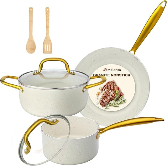 Pots and Pans Set Non Stick, 7 Piece White Granite Induction Cookware Set, Nonstick Kitchen Cooking Set with Gold Handle and Utensil, Oven Safe (PFOS, PFOA Free)