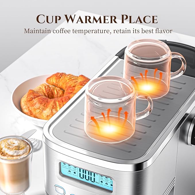 AMZCHEF Espresso Machine with LCD Display, 20 Bar Cappuccino Machines with Milk Frother for Home Gifts, Latte Coffee Maker with Dual Wall & Filters, Stainless Steel Style sliver