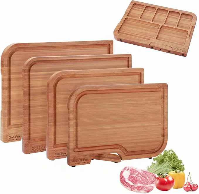 4-PCS Bamboo Cutting Board Set, Wood Cutting Board for Kitchen with Innovative Stand, Juice Groove & Handle, Double Sided for Chopping & Charcuterie Board, Kitchen Gift for Home Cooks, For Meat &Fruit