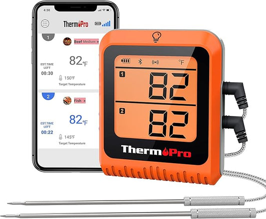 ThermoPro 650 ft Wireless Meat Thermometer Digital for Grilling and Smoking, 2 Probes Bluetooth Meat Thermometer for Cooking Turkey Fish Beef, Rechargeable Smoker Accessories for BBQ Oven