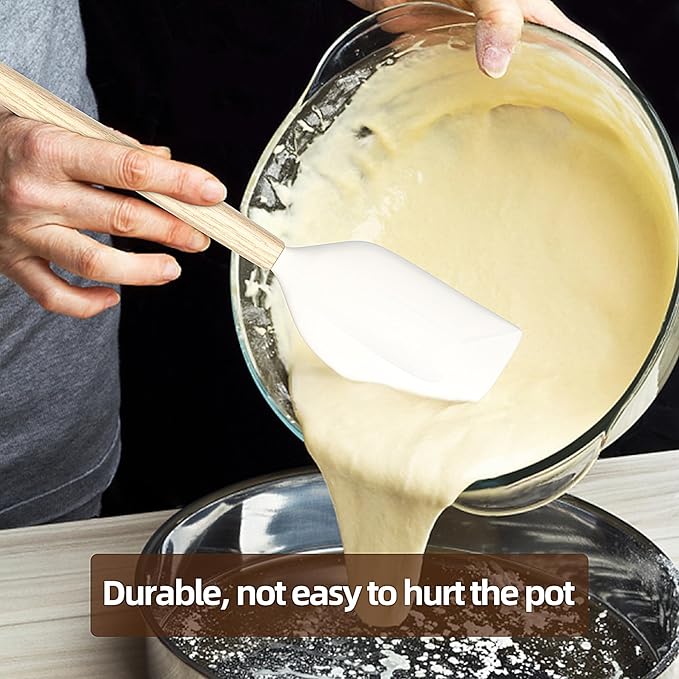 Wooden Handle Silicone Rubber Spatula Set for Kitchen Baking, Cooking, and Mixing High Heat Resistant Non Stick Dishwasher Safe BPA-Free Black+blue Set of 2 (Wooden Handle Spatula 4Piece)