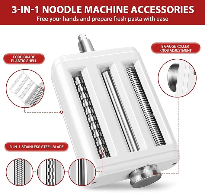 Pasta Maker Attachment for Kitchenaid/ Cuisinart Mixers, Noodle Maker 3 in 1 Set of Pasta Roller Fettuccine Cutter Spaghetti Cutter and Cleaning Brush, Electric Pasta Makers White