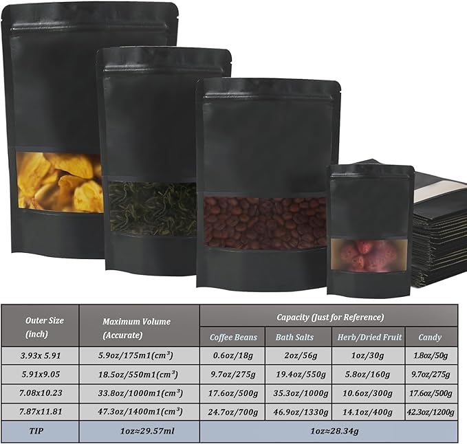 100 PCS Resealable Stand Up Kraft Paper Bags With Matte Window, Zipper Lock Food Storage for Small Business and Home, 5.91 * 9.05 Inches Reusable Sealable Packaging - Black