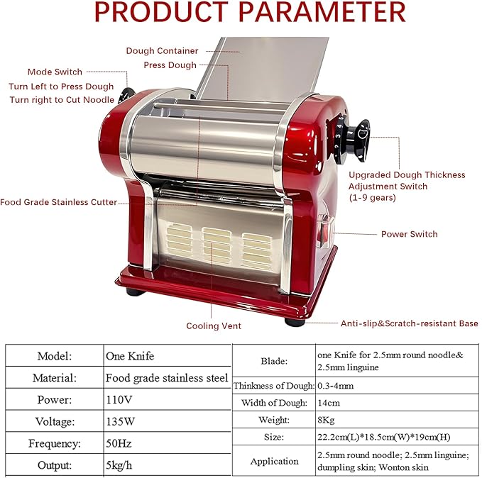 Electric Pasta Maker Household Noodle Making Dough Pressing Machine Built-in 2.5mm Cutter 135W 5Kg/H Output for Commercial Home Use