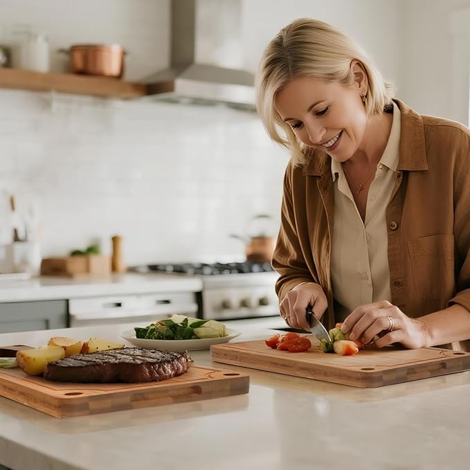 ICEDOG-3-Piece Bamboo Cutting Board Set - Reversible with Juice Groove, Non-Slip Pads - for Meat, Vegetables, Cheese - Pre-Oiled Natural Wood - Kitchen Gift (Brown)