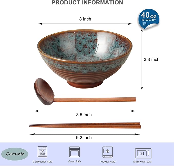 Ceramic Japanese Ramen Bowl Set with Chopsticks,8 inch 40 oz Pho Bowls & Asian Soup Bowl and Spoons Set for Udon Noodle,Soba,Miso Soup,Set of 2(Peacock Green)