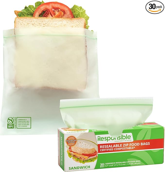 Certified Compostable SANDWICH Resealable Zip Bag, Extra Strength Food Bags, Plant-Based Freezer-Safe (30 Pack)