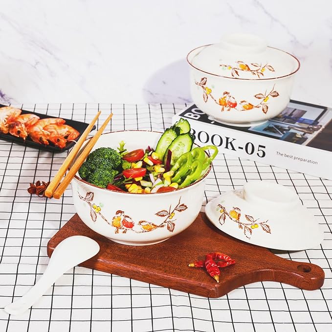 Ceramic Ramen Bowl Set, 800ml, with Lid, Spoon and Chopsticks, Japanese Vintage Large Soup Bowls Instant Noodle Bowl Asian Tableware (Dird*2)