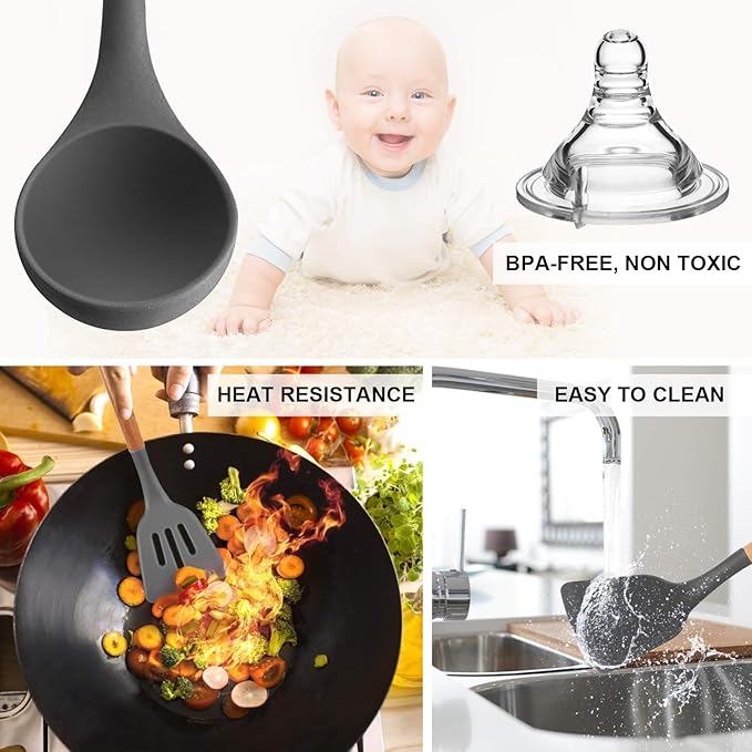 MIBOTE 17 Pcs Silicone Cooking Kitchen Utensils Set with Holder, Wooden Handles Silicone Turner Tongs Spatula Spoon Kitchen Gadgets Utensil Set for Nonstick Cookware (Grey)