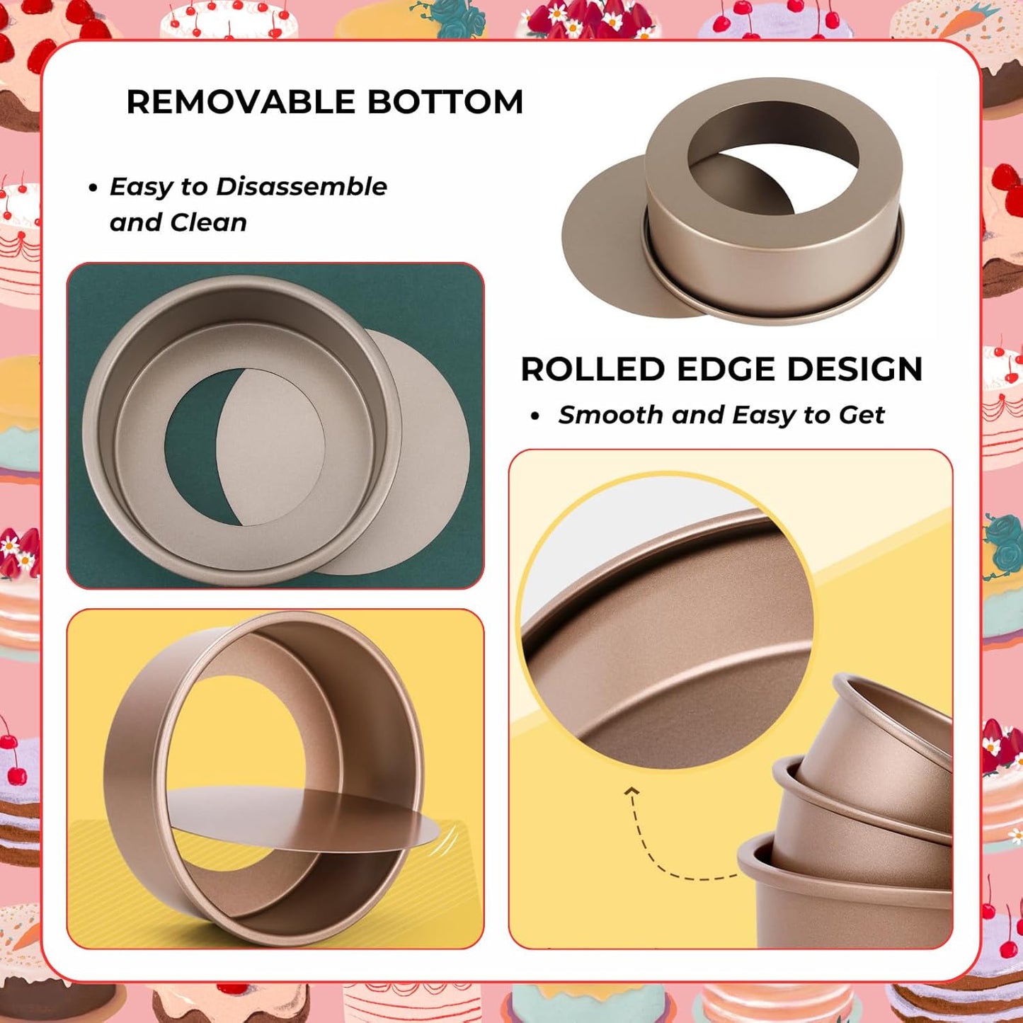 beyonday 2pcs Round Cake Pan with Removable Bottom, 6 inch & 8 inch Carbon Steel Cake Trays for Chiffon Mousse Bread, Non-stick Cheesecake Baking Mold for Birthday Party Wedding Anniversary