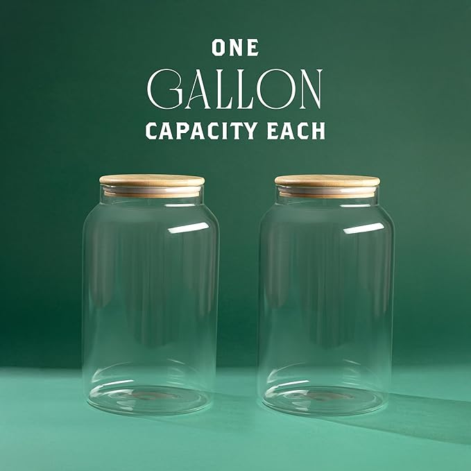 Large 1 Gallon Glass Large Jar with Airtight Bamboo Lid - High Borosilicate Canister for Kitchen Food Storage Organizing, Terrarium, Pantry Decorative Container & Laundry Room - Pack of 2