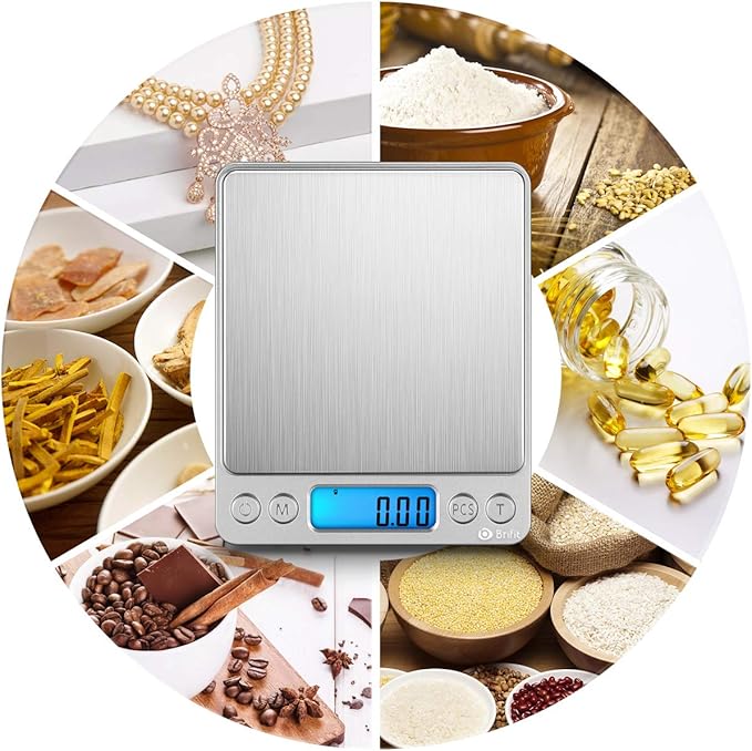 (New) AMIR Digital Kitchen Scale, 500g/ 0.01g Mini Pocket Jewelry Scale, 100g Calibration Weight, Cooking Food Scale, Back-Lit LCD Display, 2 Trays, 6 Units, Auto Off, Tare, PCS, Stainless Steel