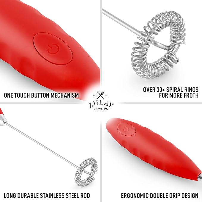 Zulay Double Grip Milk Frother for Coffee With Upgraded Holster Stand - Coffee Frother Handheld - Electric Handheld Foam Maker - Hand Mixer for Latte, Matcha - Electric Whisk (Red)