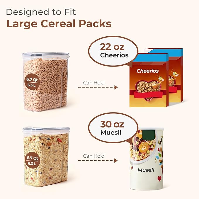 ComSaf Cereal Storage Containers Set (6.3L / 6.7Qt) – Airtight Food Storage with Lids, Pantry Organizer for Rice, Sugar, Flour