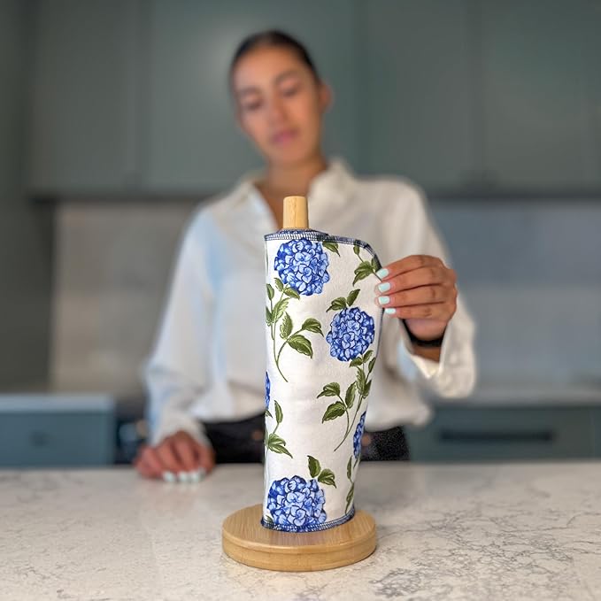 Reusable Paper Towels - 10 PACK - Roll of Washable Cotton Cloth Paper Towels - Paperless Reusable Napkins Cloth Washable - Absorbent + Long Lasting - Zero Waste Products - (Blue Hydrangea)