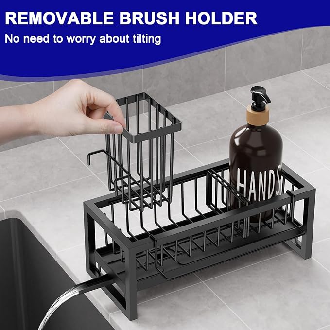 Sponge Holder for Kitchen Sink, Sink Caddy with Towel Holder, Kitchen Countertop Storage Organization, Home Apartment Essential Accessories (Black)