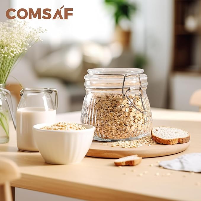 ComSaf Airtight Glass jar with lid 17oz, Glass Storage Containers with Lids, Small Canister, Mason Jars, Minimalist Jar for Kitchen Canning, Overnight Oats, Pickle, Spice, Set of 6