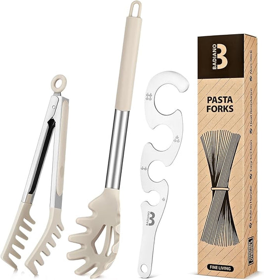 Silicone Spaghetti Spoon & Pasta Tong With Pasta Measurer, 3 Pack of Non-Stick Stainless Steel Handle Pasta Fork Set with Teeth, Food Clip for Easy Serving of Noodles (KHAKI)