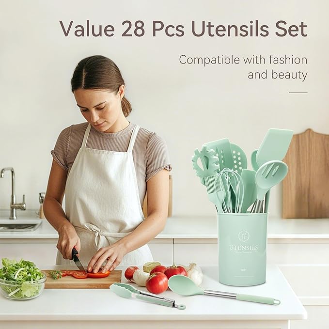 Silicone Cooking Utensils Set, 28 Pcs Kitchen Utensils Set for cooking, 446°F Heat Resistant Spatula Set, Food Grade Silicone and Stainless Steel Handle Kitchen Gadgets for Nonstick Cookware BPA Free