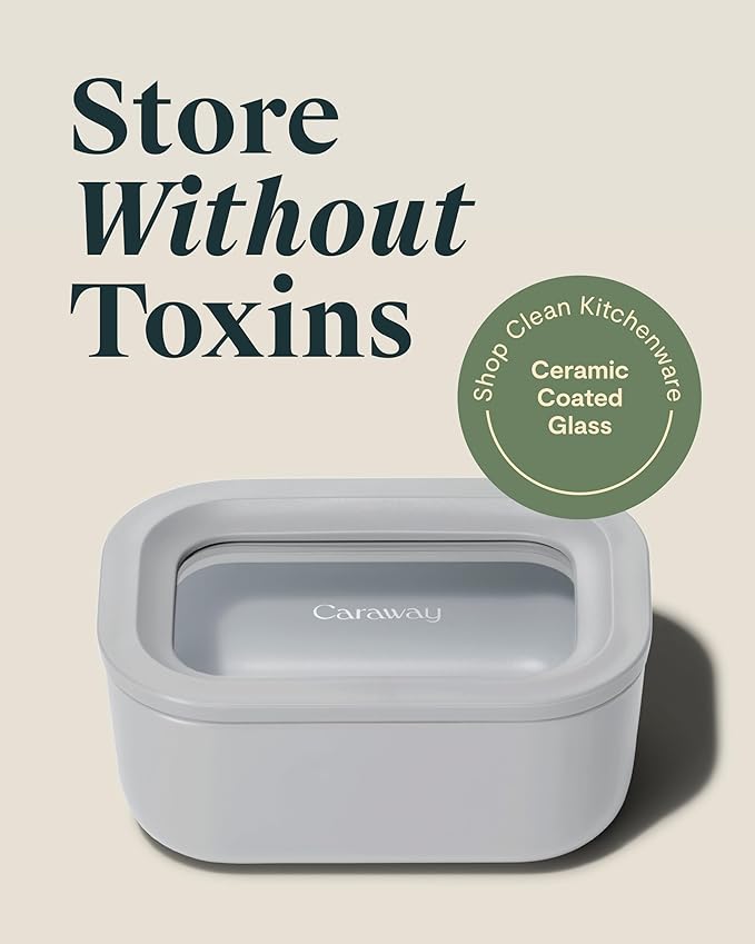 Caraway 2pc Glass Food Storage Set - 2.6 Cup Food Containers (2) - Non-Toxic Ceramic-Coated Glass - Air Release Technology - Compact & Stackable Design - Gray