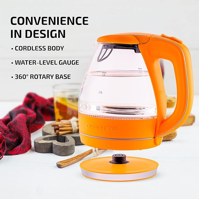 OVENTE Electric Kettle, 1.5L Borosilicate Glass Countertop Water Heater and Boiler for Coffee or Tea, BPA-Free, Auto Shut-Off, Boil-Dry Protection, Removable and Washable Spout Filter, Orange KG83O