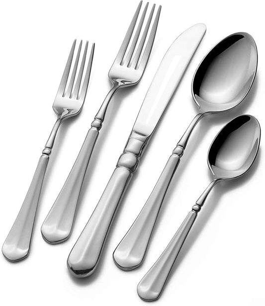 Mikasa French Countryside Flatware Set for 12, 65 Piece 18/10 Stainless Steel Silverware with Elegant Scroll Design and Serving Utensils, Durable Dinnerware Service