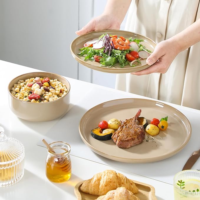 vancasso PLAYA Plates and Bowls Sets,12 Pieces Brown Dinnerware Sets for Kitchen, Reactive Glaze Dishes Set for 4, Dishwasher and Microwave Safe