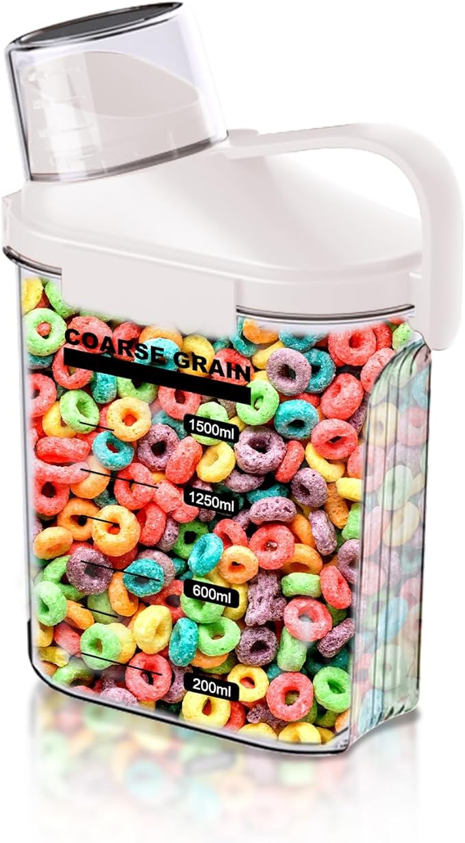 1 PCS Airtight Dry Food Container, Clear BPA-Free Plastic Cereal Containers Storage for Kitchen Pantry, Rice Cereal Flour Holder with Pouring Spout Measuring Cup, White, 51fl.oz/1.5L
