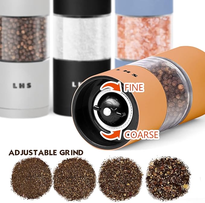 LHS Premium Salt and Pepper Grinder Set, Stainless Steel Salt Pepper Shakers Set, Refillable Peppercorn Grinder and Sea Salt Mill with Adjustable Coarseness for Kitchen Use - 4.6 Inches(Set of 4)