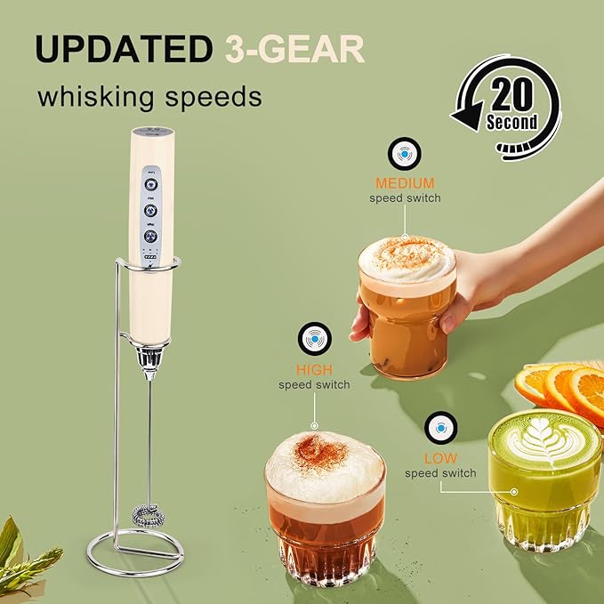 YUSWKO Beige Handheld Milk Frother Wand with Stand for Coffee, Rechargeable Electric Whisk with 3 Heads 3 Speeds Drink Mixer Coffee Frother For Latte, Cappuccino, Hot Chocolate, Egg