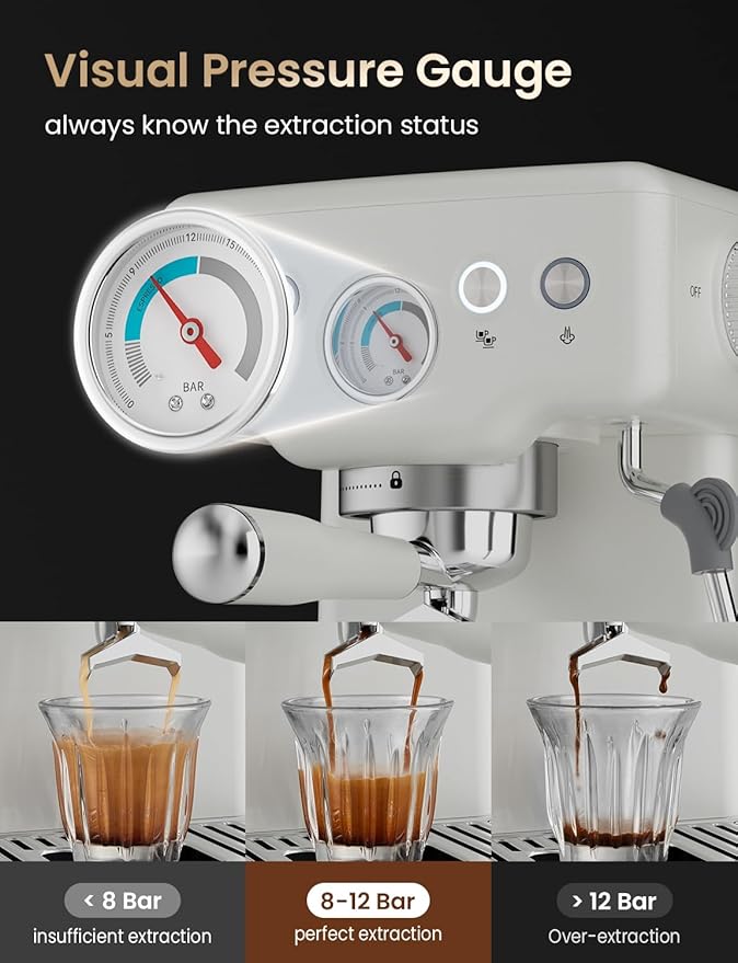 Neretva Espresso Machine, 15 Bar Espresso Coffee Machine with Visible Pressure Guage Professional Espresso Maker with Milk Frother & Stainless Steel for Home Barista Latte and Cappuccino Maker - White