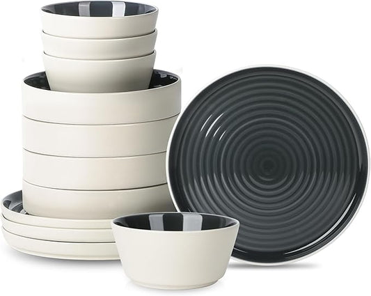 Stone Lain Elica 12-Piece Modern Dinnerware Set Stoneware, Plates and Bowl Sets for 4, Black and Beige