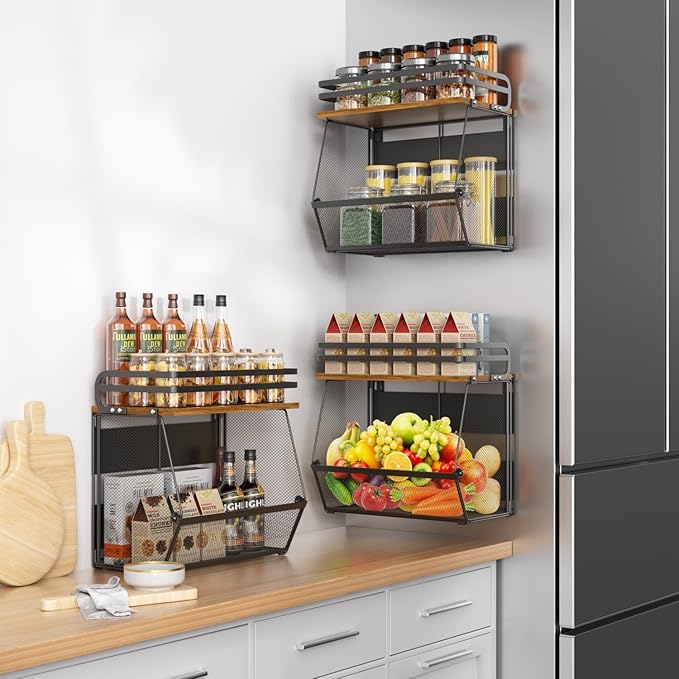 Magnetic Shelf for Fridge with Wood Lid, Extra-Large Capacity Magnetic Spice Rack for Refrigerator Kitchen Storage Bin for Fruit, Onion, Potatoes, Storage Organizer for Counter & Cabinet, Mesh Basket