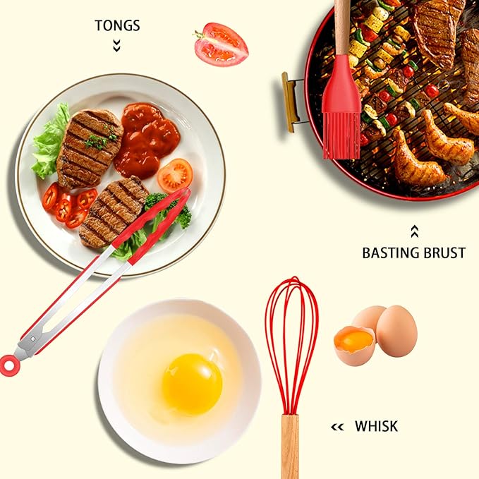 MIBOTE Silicone Cooking Utensils Kitchen Utensil Set - 446°F Heat Resistant,Turner Tongs, Spatula, Spoon, Whisk, Wooden Handle Kitchen Gadgets with Holder for Nonstick Cookware Christmas (Red)