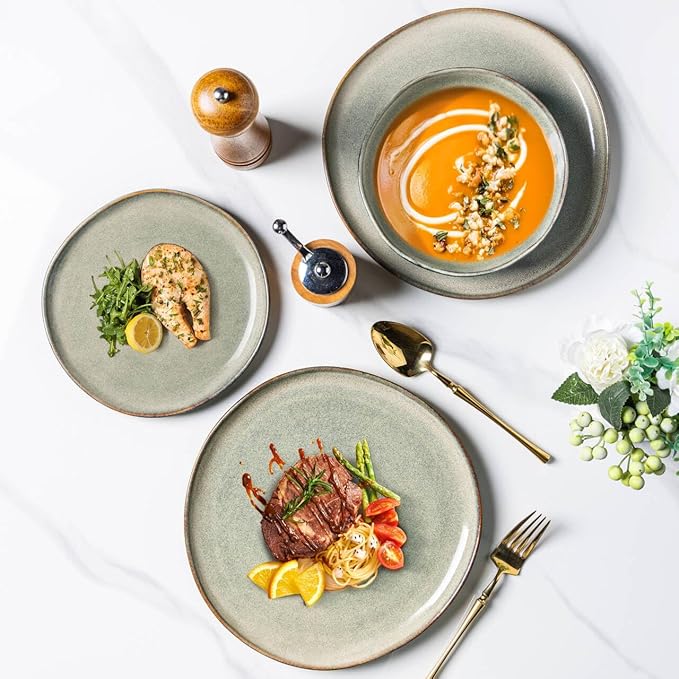 AmorArc Ceramic Dinnerware Sets of 8,Handmade Reactive Stoneware Glaze Plates and Bowls Sets,Highly Scratch Resistant | Dishwasher & Microwave Safe,Service for 8 Dishes Set (24pc)