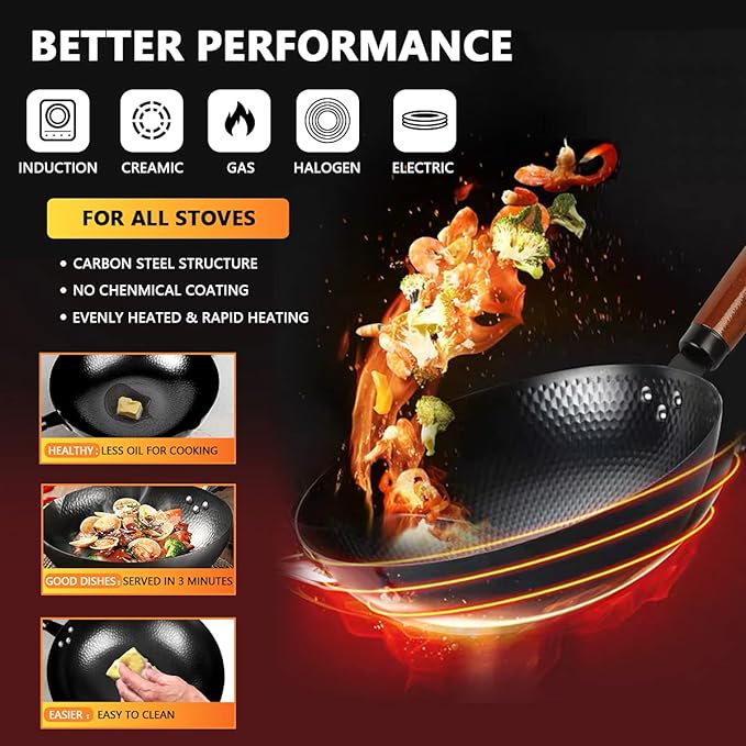 Carbon Steel Wok Pan, 14 Piece Woks & Stir-Fry Pans Set with Wooden Lid Cookwares, No Chemical Coated Flat Bottom Chinese Pan for Induction, Electric, Gas, Halogen All Stoves - 12.6''